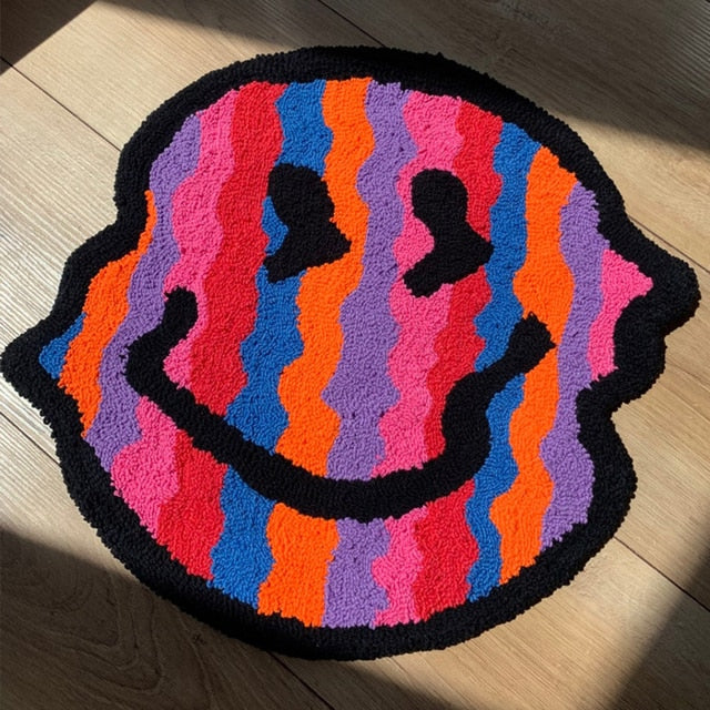 Trippy Rainbow Smiley Face Handmade Rug