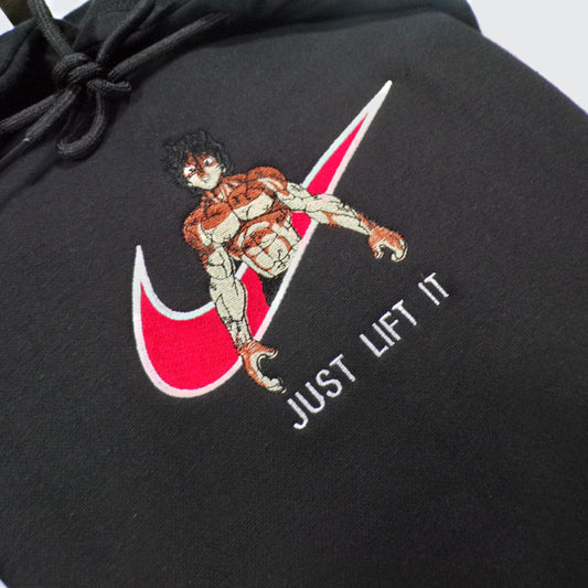 LIMITED BAKI THE GRAPPLER HANMA X JUST LIFT IT EMBROIDERED ANIME HOODIE