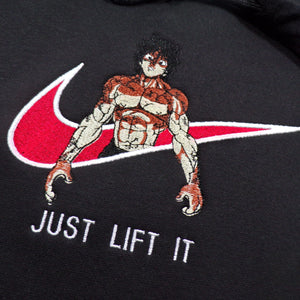 LIMITED BAKI THE GRAPPLER HANMA X JUST LIFT IT EMBROIDERED ANIME HOODIE